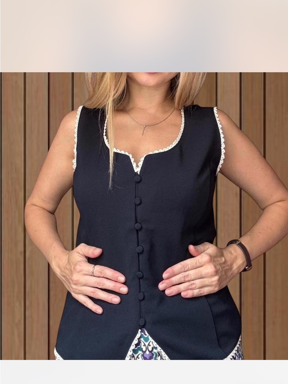 Sleeveless Black Lace-Trim Button Front Tank Top